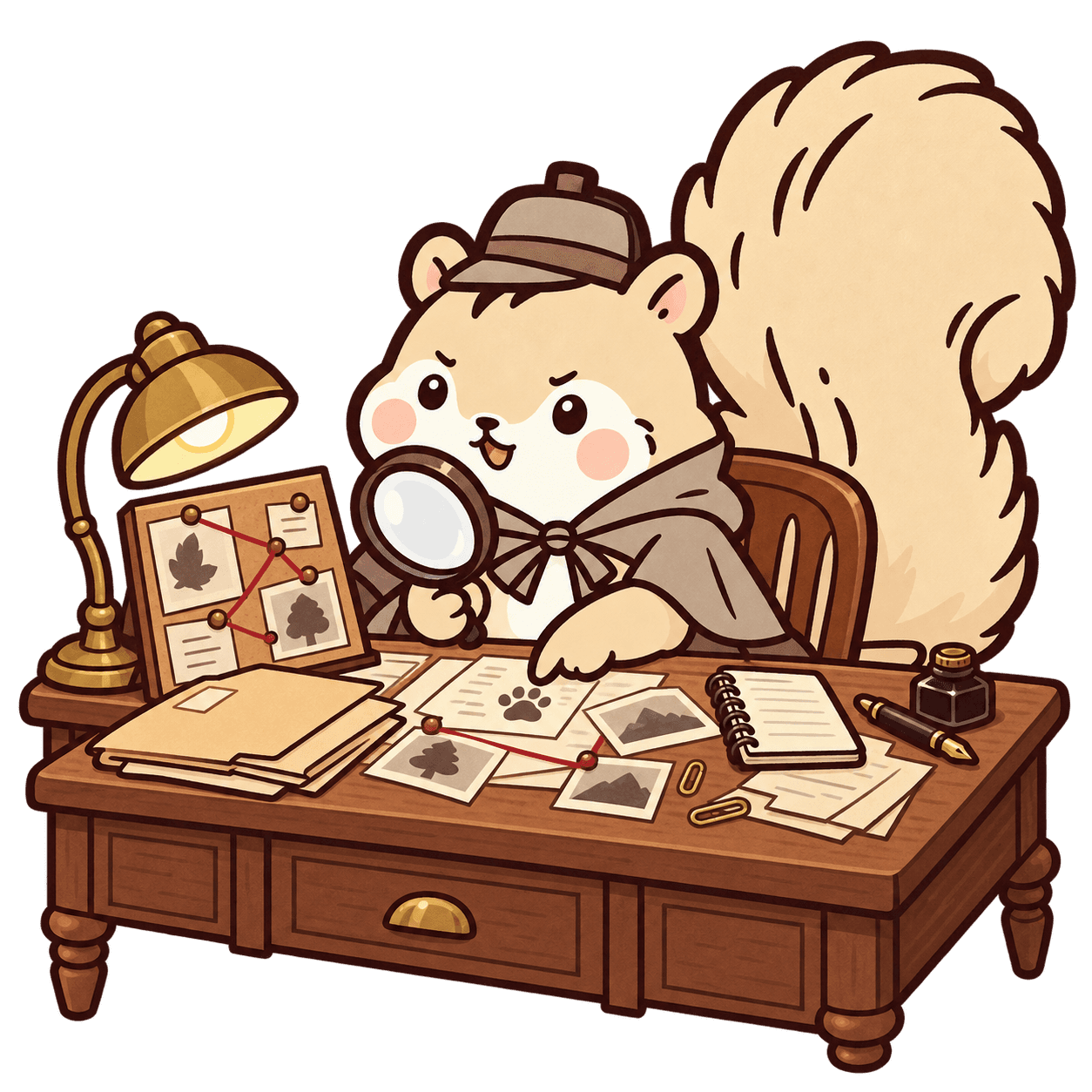 Hazel at her desk, studying a photograph through a magnifying glass, with a lamp, case files and a small evidence board